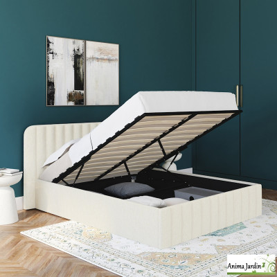 Lit coffre 140x190 cm avec sommier - Bouclette blanc - Valentina