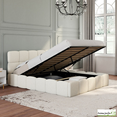 Lit coffre 140x190 cm avec sommier - Bouclette blanche - Bubble
