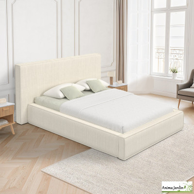 Lit coffre 140x190 cm avec sommier - Velours côtelé beige- Joyce