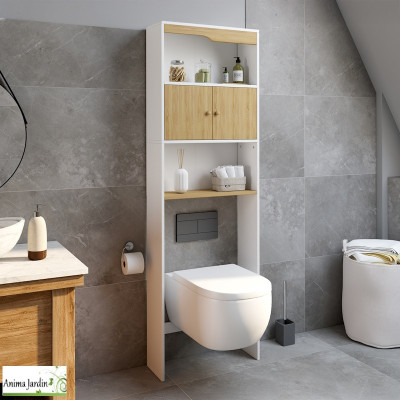 Meuble spécial dessus de WC avec placard blanc et bois - Aulan