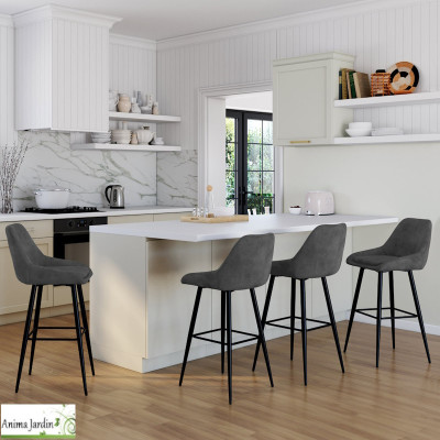 Lot de 4 chaises haute - Velours gris foncé - Ollivia