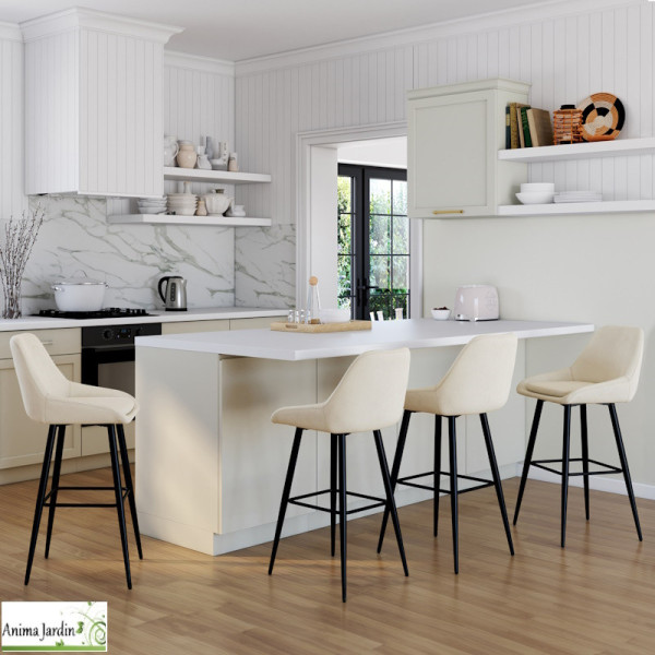 Lot de 4 chaises hautes - Velours crème - Ollivia