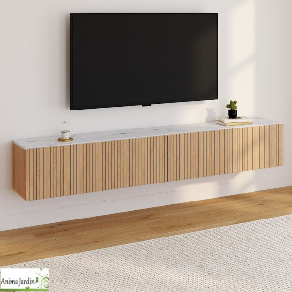 Meuble TV suspendu - Bois et Marbre - Marceau