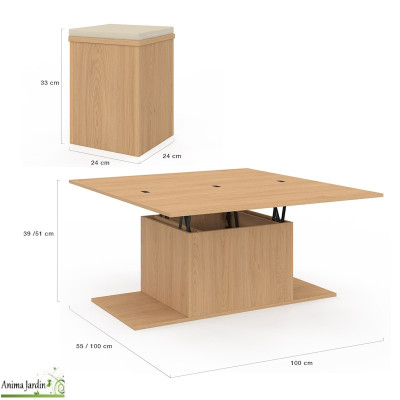 Table basse avec plateau relevable et 4 poufs - Bois - Tania