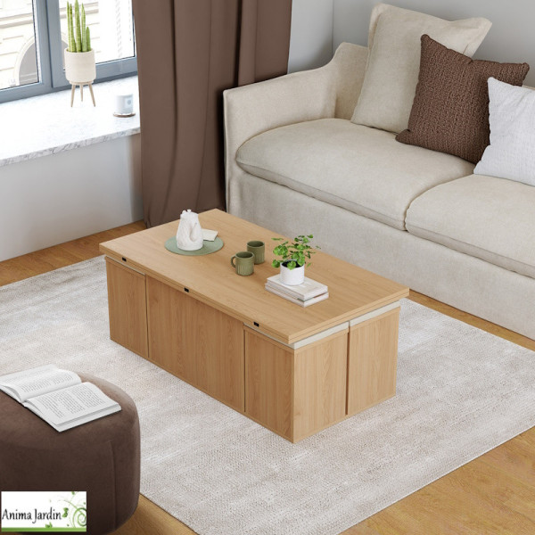Table basse avec plateau relevable et 4 poufs - Bois - Tania