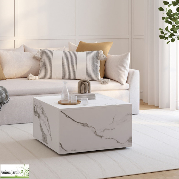 Table basse carré avec rangement - Effet marbre blanc - Elise