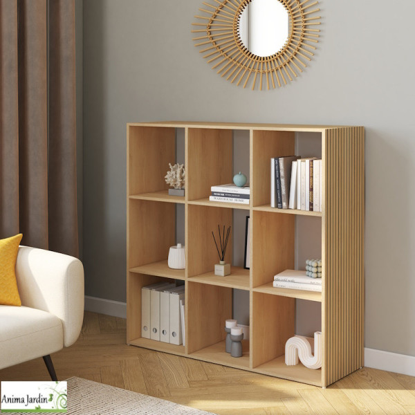 Meuble de rangement cube 9 cases - Effet lattes de bois - Faustin