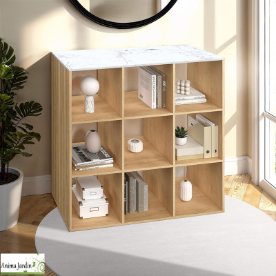 Meuble de rangement cube 9 cases - Effet lattes de bois et Marbre - Marceau