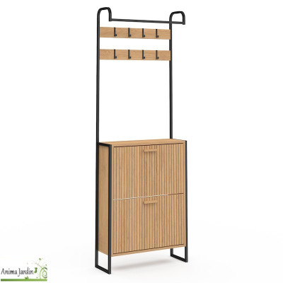 Meuble d'entrée avec penderie et meuble - Effet lattes de bois - Faustin