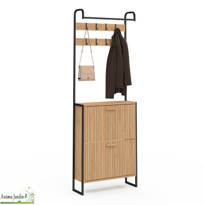 Meuble d'entrée avec penderie et meuble - Effet lattes de bois - Faustin