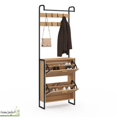 Meuble d'entrée avec penderie et meuble - Effet lattes de bois - Faustin