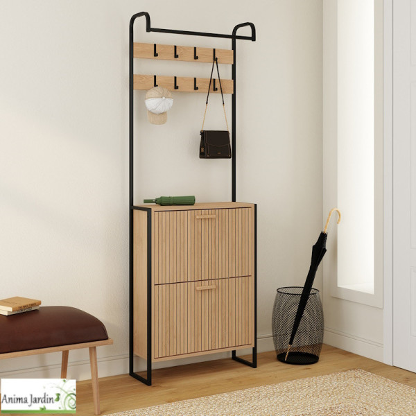 Meuble d'entrée avec penderie et meuble - Effet lattes de bois - Faustin