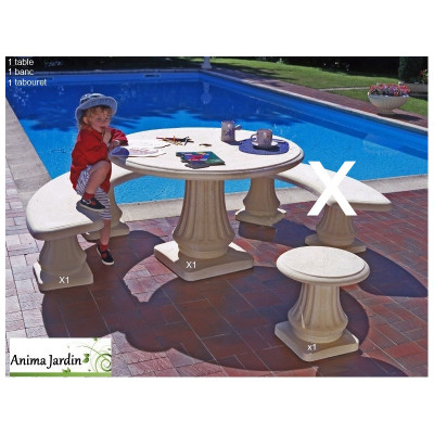 Table ronde 120 cm en pierre reconstituée avec blanc et tabouret