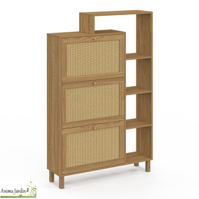 Meuble à chaussure 18 paires avec étagère - Bois et cannage - Erin