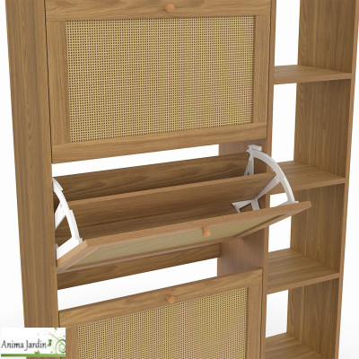 Meuble à chaussure 18 paires avec étagère - Bois et cannage - Erin