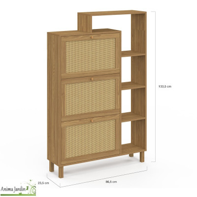 Meuble à chaussure 18 paires avec étagère - Bois et cannage - Erin