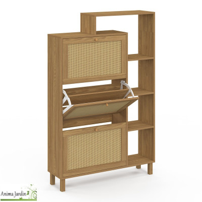 Meuble à chaussure 18 paires avec étagère - Bois et cannage - Erin