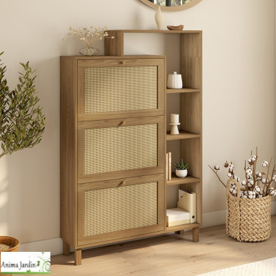 Meuble à chaussure 18 paires avec étagère - Bois et cannage - Erin