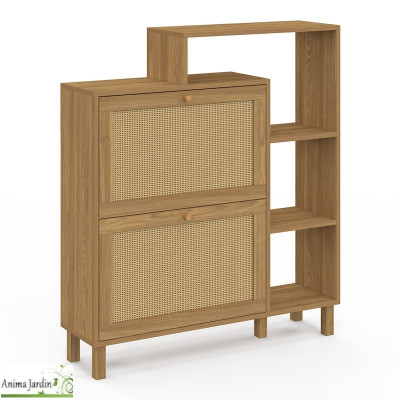 Meuble à chaussure 12 paires avec étagère - Bois et cannage - Erin