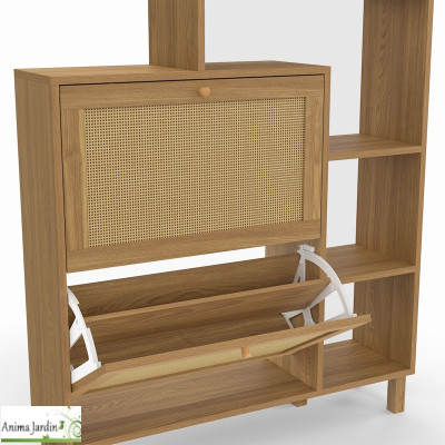 Meuble à chaussure 12 paires avec étagère - Bois et cannage - Erin