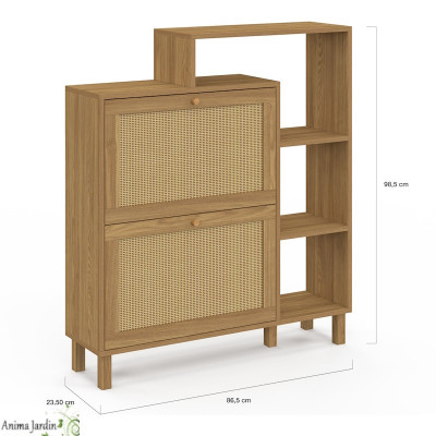 Meuble à chaussure 12 paires avec étagère - Bois et cannage - Erin