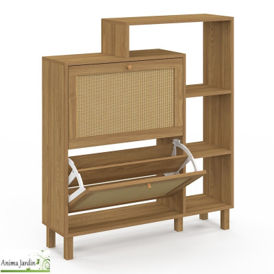 Meuble à chaussure 12 paires avec étagère - Bois et cannage - Erin