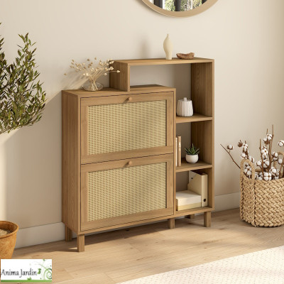 Meuble à chaussure 12 paires avec étagère - Bois et cannage - Erin