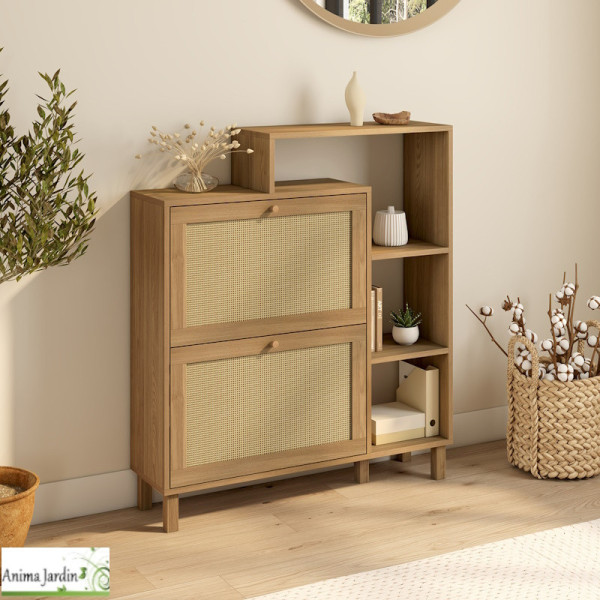 Meuble à chaussure 12 paires avec étagère - Bois et cannage - Erin