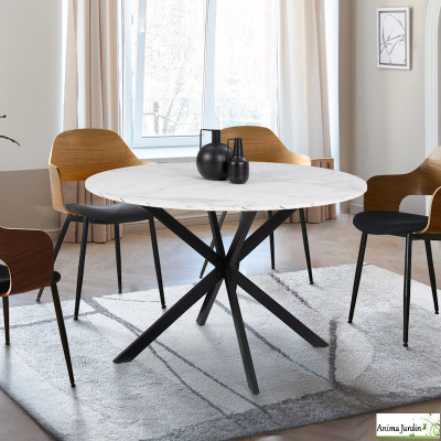 Table à manger ronde 110 cm - Effet marbre blanc - Soline