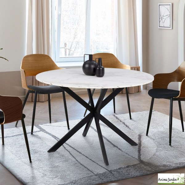 Table à manger ronde 110 cm - Effet marbre blanc - Soline