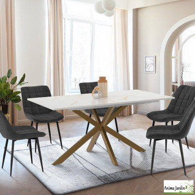 Table à manger extensible 160-200 cm - Marbre blanc et doré - Glam