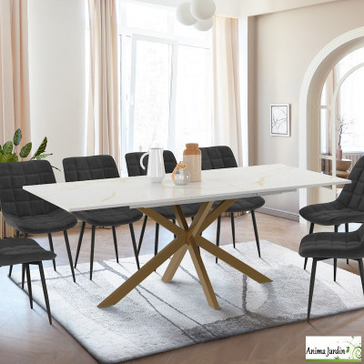 Table à manger extensible 160-200 cm - Marbre blanc et doré - Glam