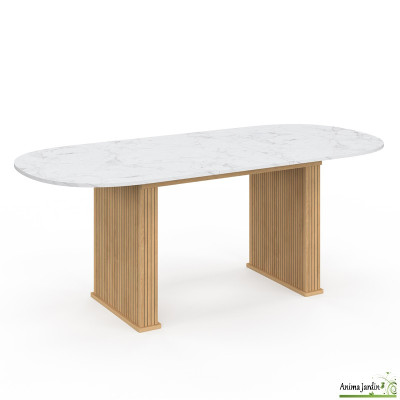 Table à manger extensible 160-200 cm - Effet marbre et bois - Marceau