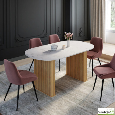 Table à manger extensible 160-200 cm - Effet marbre et bois - Marceau