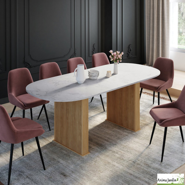 Table à manger extensible 160-200 cm - Effet marbre et bois - Marceau