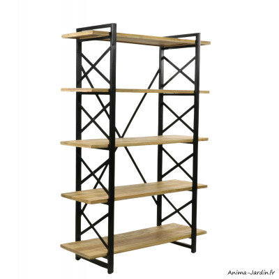 Étagère industrielle, bois et fer, 5 étagères, H.180 cm, bois et noir