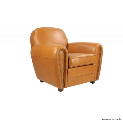 Fauteuil Club en cuir tan, dossier rond, Vintage Tan