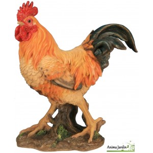 Coq Orange en résine 41 cm, sujet déco extérieur, basse cour, riviera