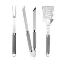 Set 3 accessoires barbecue, fourchette, pince barbecue, spatule, inox, manche Teflon