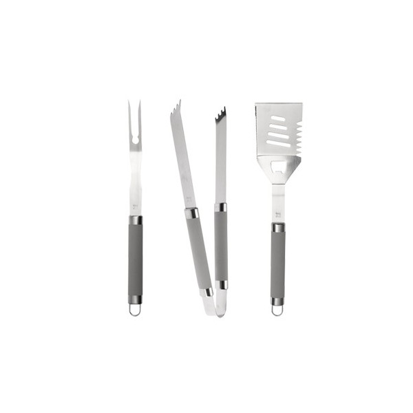 Set 3 accessoires barbecue, fourchette, pince barbecue, spatule, inox,  manche Teflon