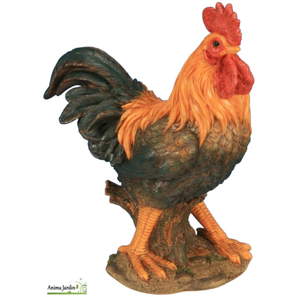 Coq Orange en résine 30 cm, figurine déco extérieur, basse cour, riviera