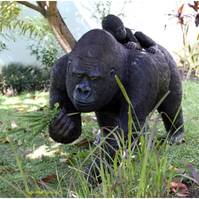 Gorille femelle en résine avec bébé, 114cm, animal sauvage, jungle
