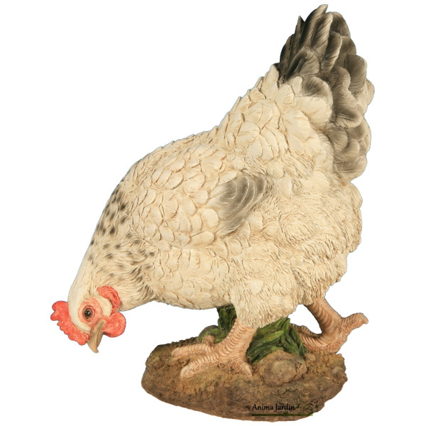 Poule Blanche en résine qui picore, 26cm, animal basse cour, Riviera