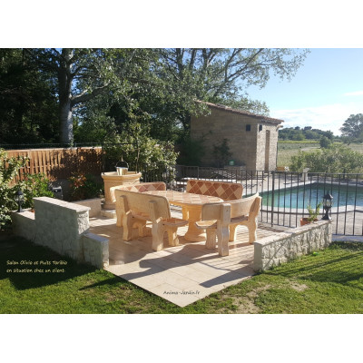 Salon de jardin en pierre reconstituée, OLIVO grès ton ocre, carrelage