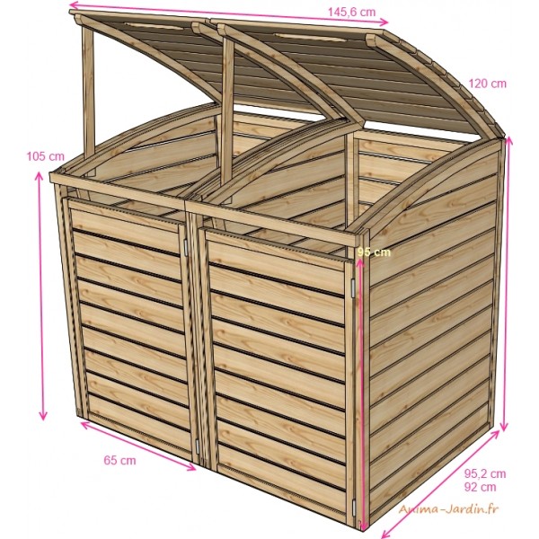 Coffre en bois pour 2 poubelles, cache poubelles double, bois