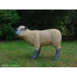 Agneau debout beige en fibre de verre, petit mouton tête haute noire, animal de la ferme