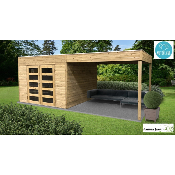 Abri de jardin en bois avec avancée, traité autoclave 19mm, Tarento, 8m², double porte, Solid, pas cher