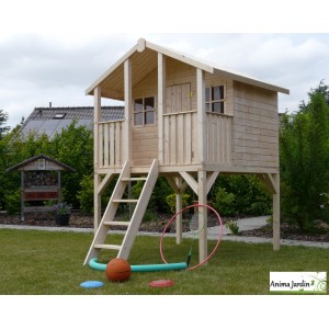 Cabane en bois surélevée sur pilotis, 3m², toit deux pentes, 1 porte, enfant, Solid, pas cher, achat, vente