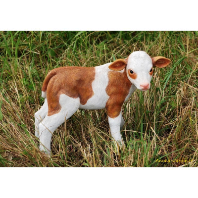 Veau, marron et blanc, 27 cm, animal en poly-résine, décoration du jardin, achat, vente, pas cher