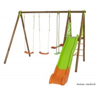 Portique Akeo, bois/métal, 2,30 m, 3 agrès + 1 toboggan